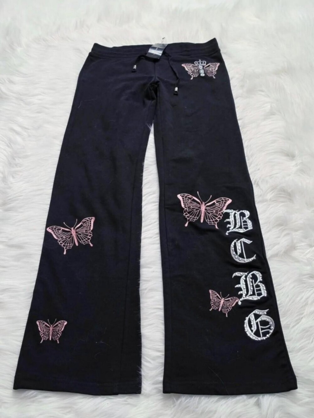 Y2k BCBG black & pink bedazzled butterfly print straight leg/bootcut sweatpants